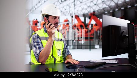 Automobile Vehicle Production Worker Using Walkie Talkie Stock Photo