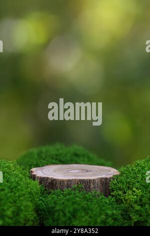 wooden round podium with green moss on natural background. Mockup for the presentation of cosmetics and other products Stock Photo