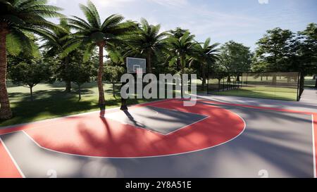 Aerial drone view of street Basketball court  with red color Stock Photo