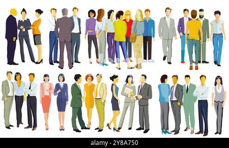 two large groups of people on white background, illustration isolated Stock Photo