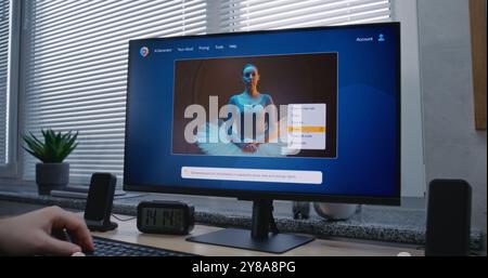 Adult man enters prompt in artificial intelligence chatbot on personal computer. AI image generator app generate detailed high-quality image portrait of ballerina. From text prompt to generated photo. Stock Photo