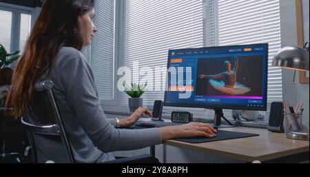 Adult woman enters prompt in artificial intelligence chatbot on personal computer. AI image generator generate detailed high-quality image portrait of ballerina. Advanced AI generated photo creation. Stock Photo