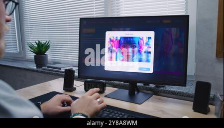 Adult man enters prompt in AI image generator app on personal computer. Artificial intelligence chatbot generate detailed high-quality image of cyberpunk girl. From text prompt to generated photo. Stock Photo