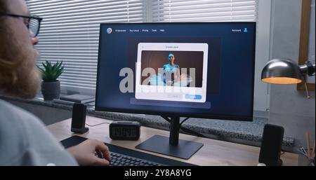 Adult man enters prompt in artificial intelligence chatbot on personal computer. AI image generator app generate detailed high-quality image portrait of ballerina. From text prompt to generated photo. Stock Photo