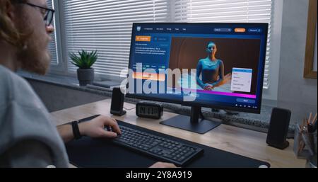 Adult man enters prompt in artificial intelligence chatbot on personal computer. AI image generator app generate detailed high-quality image portrait of ballerina. From text prompt to generated photo. Stock Photo