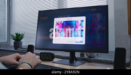 Adult man enters prompt in AI image generator app on personal computer. Artificial intelligence chatbot generate detailed high-quality image of cyberpunk girl. From text prompt to generated photo. Stock Photo
