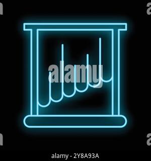Blue neon icon of a newton's cradle with glowing balls demonstrating the laws of physics Stock Vector