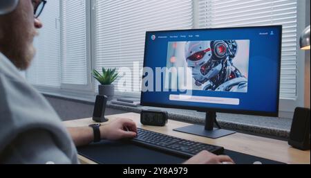 Adult man in headphones enters prompt in AI image generator app on PC. Advanced artificial intelligence chatbot generate detailed image portrait of sci-fi robot. From text prompt to generated photo. Stock Photo
