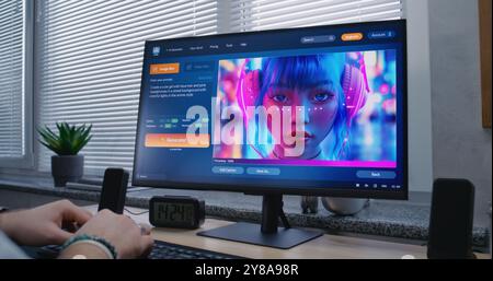 Adult man enters prompt in AI image generator app on personal computer. Artificial intelligence chatbot generate detailed high-quality image of cyberpunk girl. From text prompt to generated photo. Stock Photo