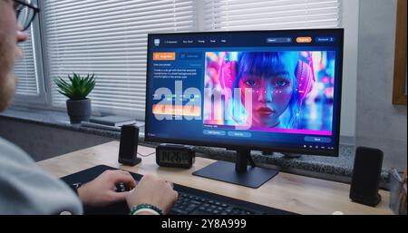 Adult man enters prompt in AI image generator app on personal computer. Artificial intelligence chatbot generate detailed high-quality image of cyberpunk girl. From text prompt to generated photo. Stock Photo