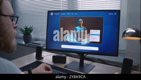 Adult man enters prompt in artificial intelligence chatbot on personal computer. AI image generator app generate detailed high-quality image portrait of ballerina. From text prompt to generated photo. Stock Photo