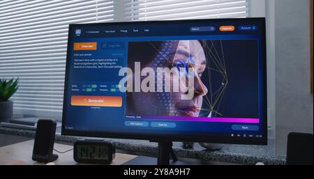 Adult man enters prompt in artificial intelligence chatbot on PC. AI video generator app generate detailed high-quality video of woman face with digital overlay. From text prompt to generated video. Stock Photo