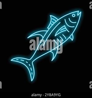 Bright blue neon icon of tuna on a black background, great for restaurant, seafood market, or fishing Stock Vector