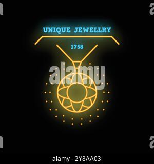 Neon sign of unique jewellery with round pendant on the chain glowing on black background Stock Vector