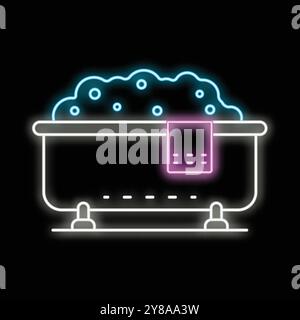 Bright neon icon of bathtub full of water with soap foam and towel hanging on it, isolated on black background Stock Vector