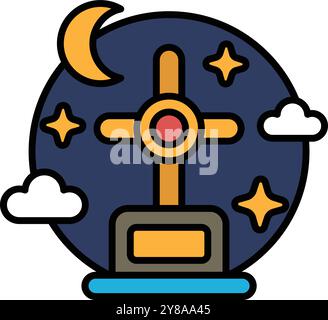 A cross is drawn in the middle of a blue and white background. The cross is surrounded by stars and clouds Stock Vector