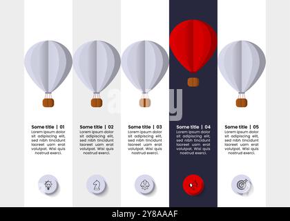 Infographic template with icons and 5 options or steps. Hot air balloons. Can be used for workflow layout, diagram, banner, webdesign. Vector illustra Stock Vector