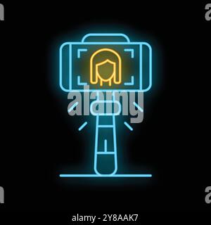 Neon sign representing a smartphone on tripod capturing a woman's face with facial recognition software for security purposes Stock Vector
