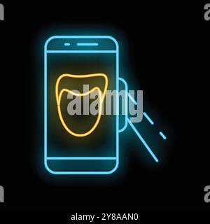 Neon glowing icon of smartphone showing customer using face id for payment at gas station Stock Vector