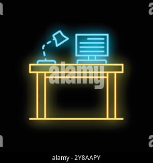 Neon illustration of a home office setup featuring a desk with a computer and a lamp, glowing against a dark background Stock Vector