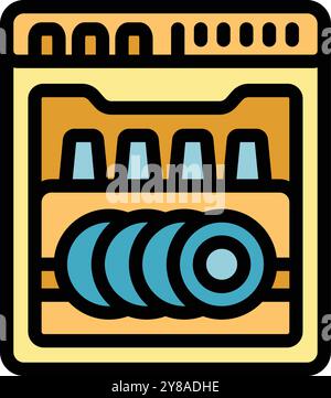 Simple outline color icon representing a dishwasher full of clean plates and glasses, ideal for web and app design Stock Vector