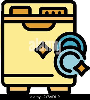 Sparkling clean dishes standing next to a dishwasher machine in a simple icon Stock Vector