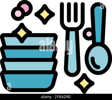 This image shows sparkling clean dishes with a fork and spoon, perfect for illustrating concepts of cleanliness, dining, and meal preparation Stock Vector