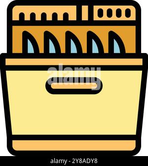 Open dishwasher with clean plates inside showing the utensil basket and control panel with buttons, a simple colored vector icon Stock Vector