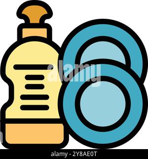Dishwashing liquid bottle next to clean plates icon, dishwashing concept Stock Vector