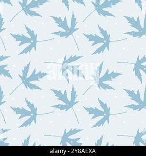 Snowflakes and blue winter oak leaves pattern on light blue background. Vector illustration Stock Vector