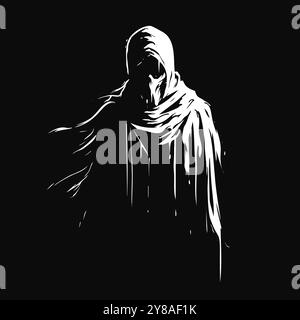 Mystic Hooded Figure in Black and White Silhouette Stock Vector