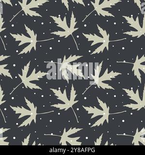 Winter pattern. Snowflakes and beige winter leaves pattern on dark gray background. Vector illustration Stock Vector