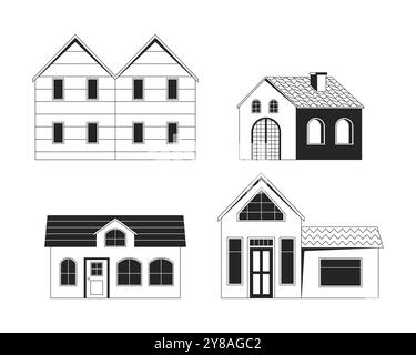 Suburban houses black and white 2D line objects set Stock Vector