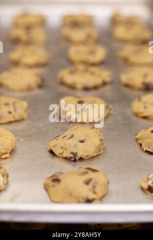 Close up on rows of chocolate chip cookie dough on sheet pan Stock Photo