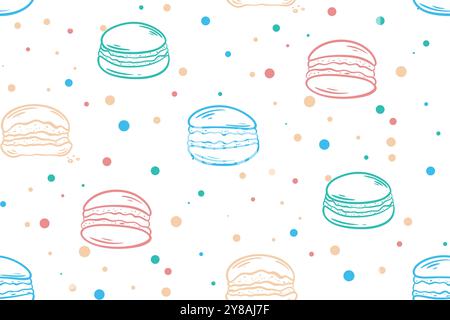 Hand drawn colored outline macaroon seamless pattern. Delicate pastel background with French cookies. Sweet food print for textile, packaging, menu Stock Vector