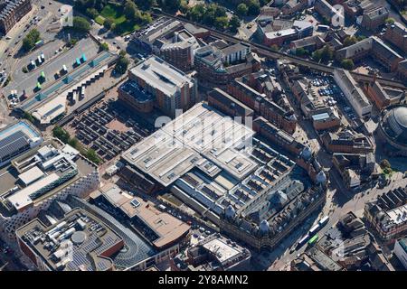 An aerial photograph of Leeds Market hall City centre, west Yorkshire, northern England, UK Stock Photo