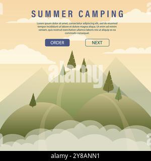 Travel and camping advertising background. Summer landscape of nature, mountains and forest. Beautiful flat 2d cartoon flat banner. Vacation and journ Stock Vector