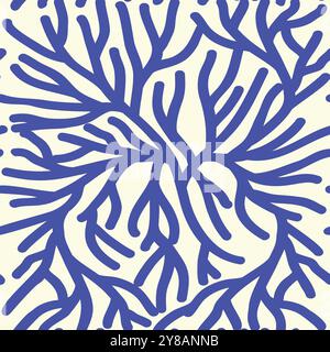Botanical pattern blue coral branch drawing. Floral design seamless background. For wrapping paper, fabric print, wallpaper Stock Vector