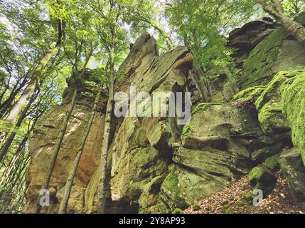 imposing rocky landscape in a natural forest, Luxembourg's Little Switzerland, Luxembourg, Kleine Luxemburgische Schweiz, Muellerthal Stock Photo