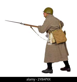 The foreman of the rifle company of the Red Army in winter uniform attacks. Isolated on white background Stock Photo