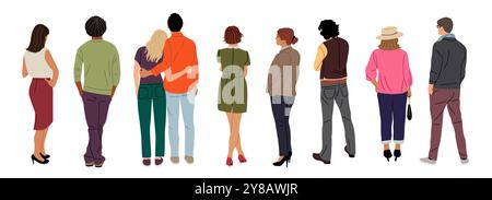 Set of diverse People Standing Rear View. Stock Vector
