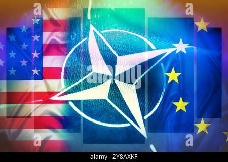 PHOTOMONTAGE, NATO flag with the flags of the USA and Europe, FOTOMONTAGE, NATO-Fahne mit den Fahnen der USA und Europa Stock Photo