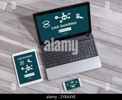 Car sharing concept shown on different information technology devices Stock Photo
