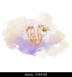 The baby's feets with daisy and purple spot as a symbol of love and tenderness.llustrations for World Premature Baby Day,Children's Day.Hand drawn Stock Photo