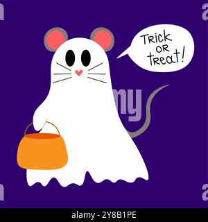 Halloween cute ghost on purple black background candy mouse costume cartoon vector illustration Stock Vector
