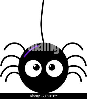 cute black biting spider hanging on a thread of a web vector cartoon illustration Stock Vector