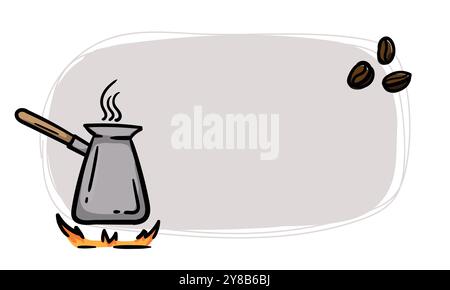 Simple vector sticker with a Turk for brewing coffee. Template for price tag, label. Hand drawn illustration. Icons signs and symbols for design Stock Vector