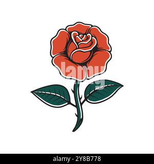 Rose flower with leaves illustration. Old school traditional tattoo design element vector. Stock Vector