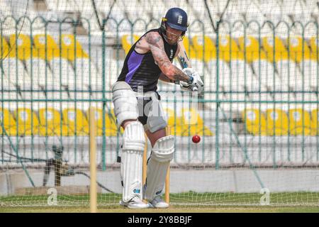 Ben Stokes of England Cricket team plays a shot during practice session in Multan, Pakistan. Stock Photo