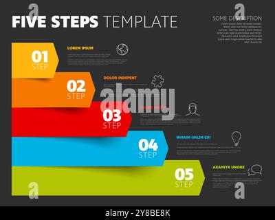 Five steps dark progress procedure infochart template with descriptions icons titles and big numbers on color arrows. Simple inographic describing som Stock Vector